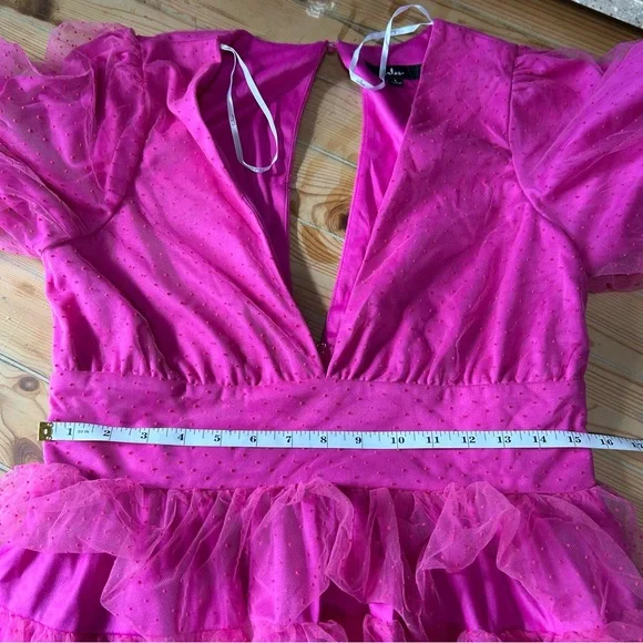 Lulus Dramatic Poise Hot Pink Dot Tulle Puff Sleeve Tiered Mini Dress - Picture 6 of 9